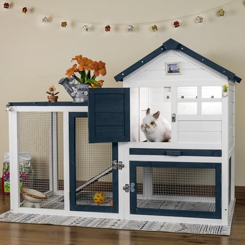 FunXplore Bunny Hutch Indoor Outdoor Rabbit Cage Chicken Coop Animal House with Wire Floor Above Pull-Out Tray