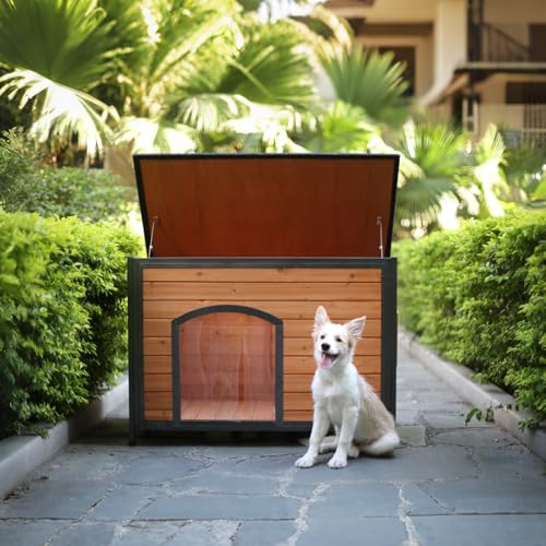 FunXplore Dog House Outdoor Weatherproof 34.3" L Chew Proof Outside Dog Kennel for Small Medium Dogs with Strong Metal Chew Proof Frame Raised Design
