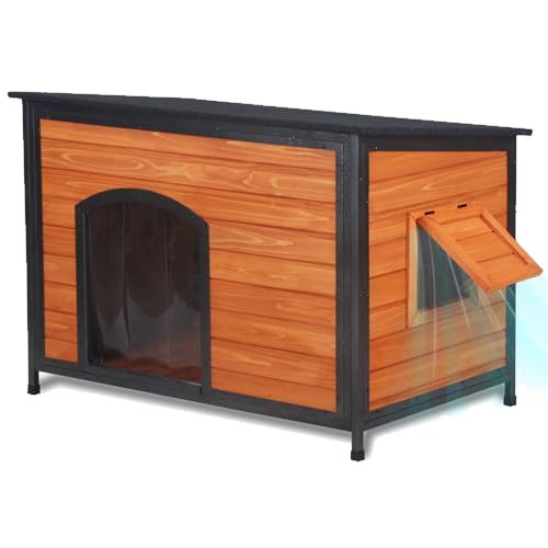 FunXplore Dog House Outdoor Weatherproof 43.3" L Chew Proof Dog Kennel for Small Medium Large Dogs with Strong Metal Chew Proof Frame Raised Design