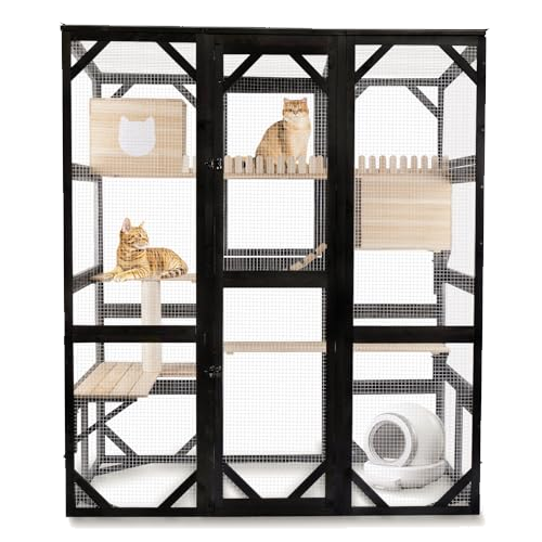 FunXplore Large Catio Outdoor Cat Enclosure Window 73" H Walk-in Cat House Kitty Cage for Multiple Indoor Outdoor Cats Outside Patio with 5 Access Doors Waterproof Roof